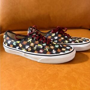Custom Authentic Vans Black Harry Potter Checkerboard Sneakers with Maroon Laces
